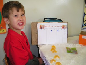 Aiden counts his mandarin pieces